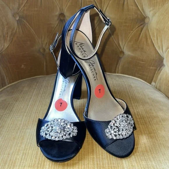 BADGLEY MISCHKA Mark and James Black Satin Block Heel JEWELED Ankle Strap 7 - Picture 9 of 10